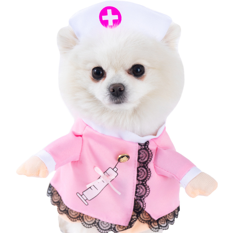 Pet Halloween Dress with Cap and Lace Trim  Pink Nurse Costume for Dogs